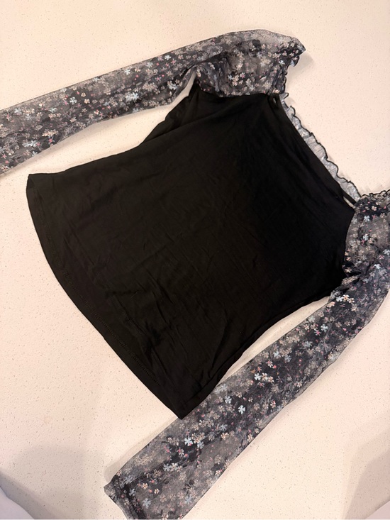 Tops - Black Top with Floral Sheer Sleeves - Women's Blouse